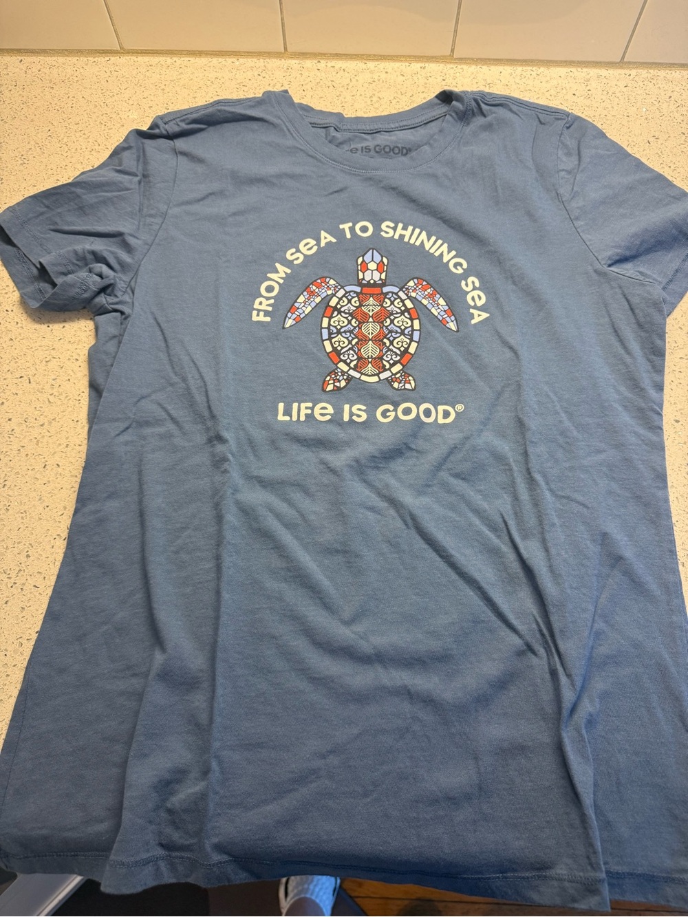 Life Is Good Blue Women's Sea Turtle Graphic Swim Tee